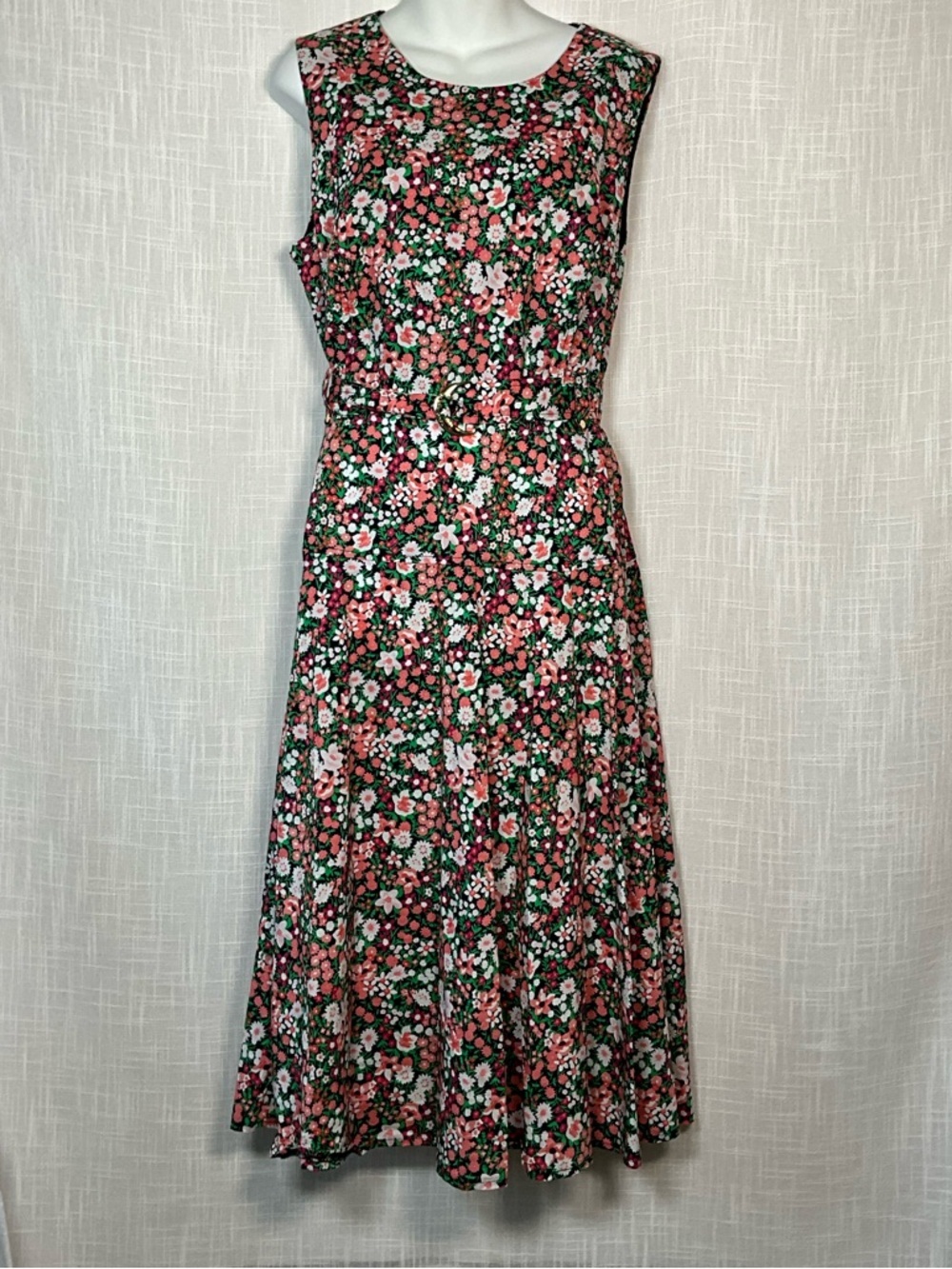 Tommy Hilfiger Dress Size 16 Pink, Green & Black Floral Sleeveless Midi